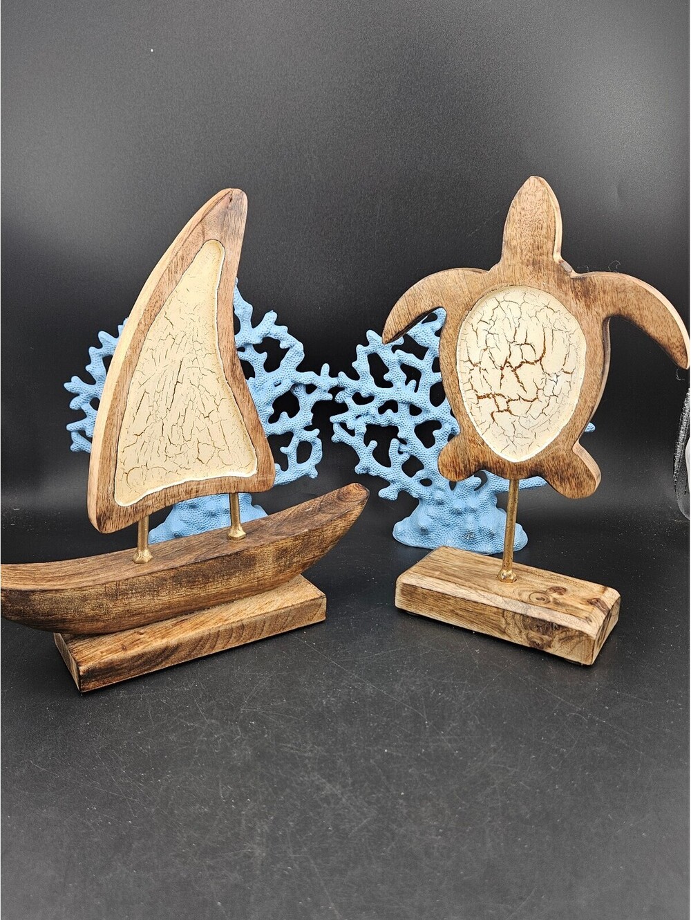 4 pc Coastal Decor Lot Wooden Sailboat Sea Turtle Figurine Blue Coral Beach